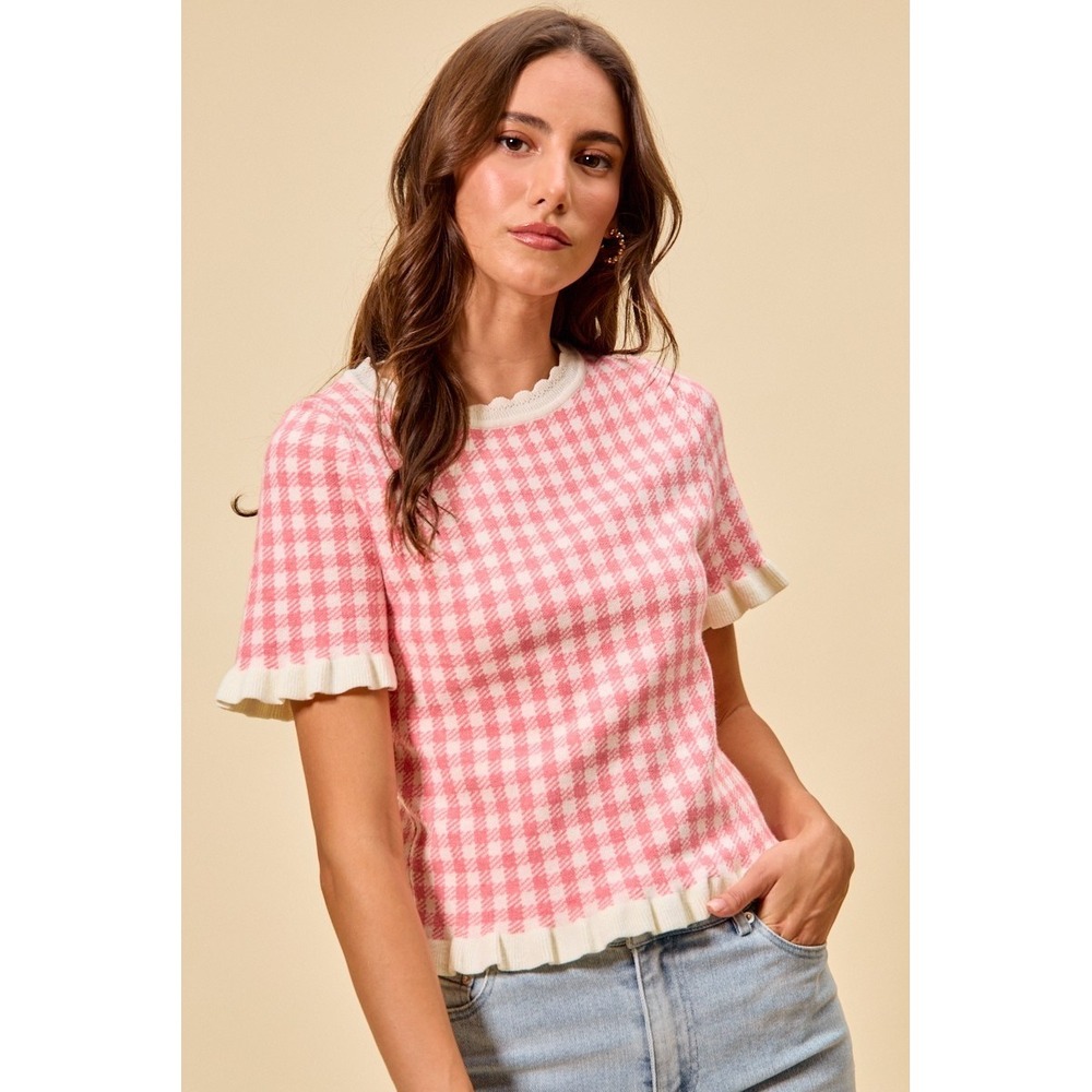 SO ME Gingham Knit Ruffled Short Sleeves Sweater Top - Pink - XL - Picture 3 of 12